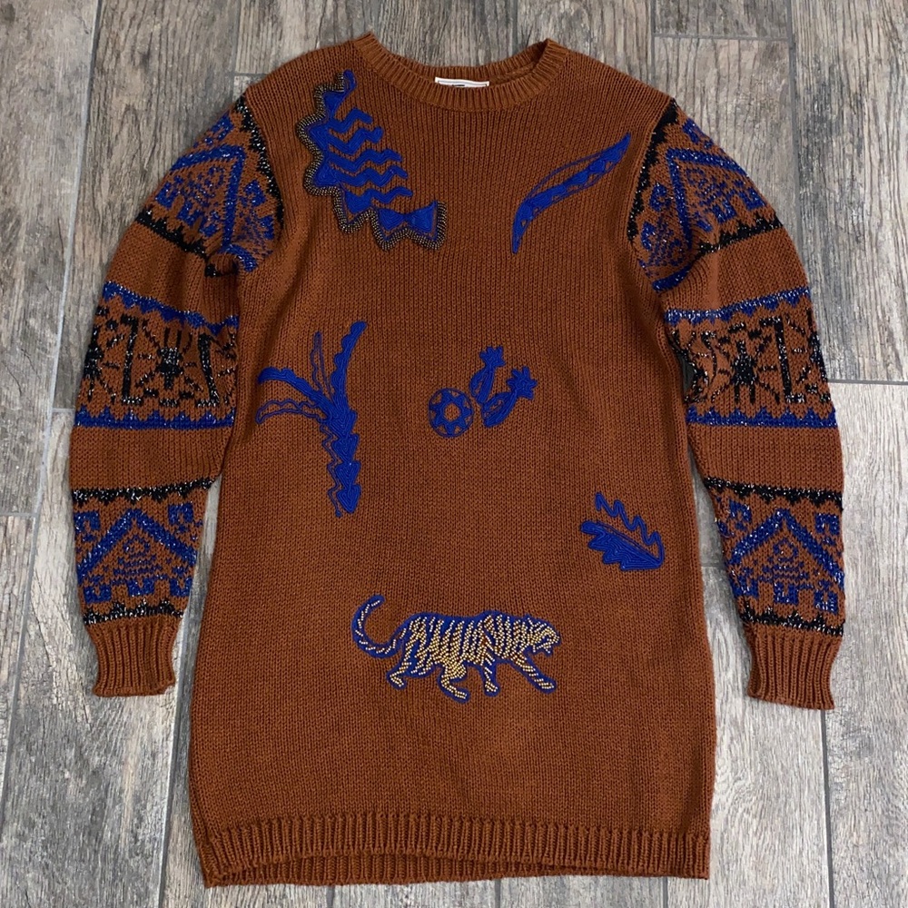 Vintage Sandro Ferrone Roma Women's Beaded Tiger Sweater RARE